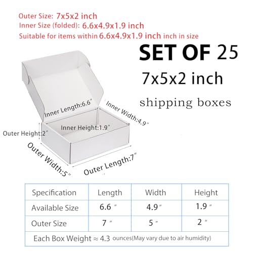 7x5x2 White Shipping Boxes for Small Business, Packing, 25 Pack - color: White, size: 7x5x2 inch