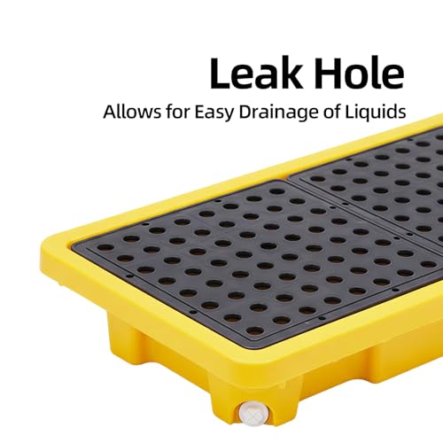 2 Pcs Spill Containment Pallet, 2-Drum Plastic Platform with Drain Outlet, 2000Lbs Load 26”x14”x4.7”, Leakproof Stackable Tray for Garage/Kitchen/Basement/Industrial Storage