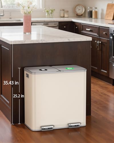 Lovewind Dual Trash and Recycling Bins for Kitchen, 2 * 11-Gallon Stainless Steel Double Trash Can, Step-On Garbage and Recycle Combo, Quiet Close, Pet-Proof, Compatible with 13-Gallon Bags, Apricot - color: Apricot, size: 2 x 11 Gallon