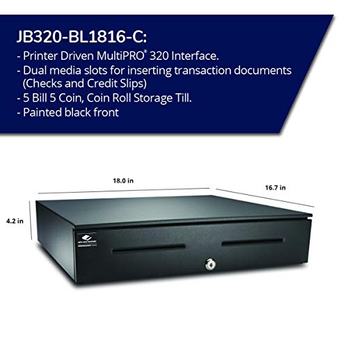 APG Heavy Duty 18" Point of Sale Cash Drawer | Series 4000 JB320-1-BL1816-C | MultiPRO 320 Interface with CD-101A Cable | Printer Driven | Plastic Till with 5 Bill/ 5 Coin Compartments | Black - color: Printer-Driven 24V (with cable) - Black w/ Painted Fr