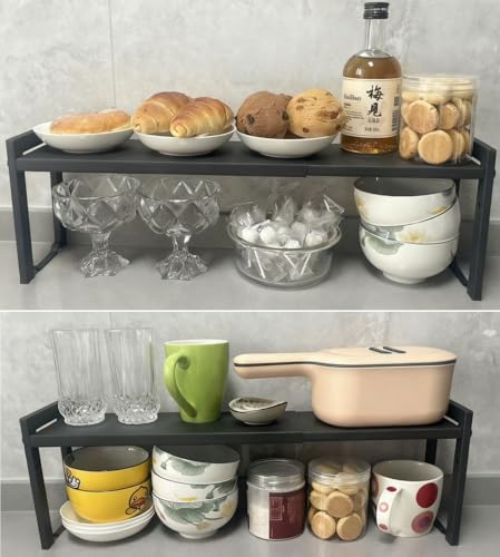 2 Pack Expandable Cabinet Shelf 5.1"D Adjustable Counter Riser Rack Black - color: Black, size: 5.1"D (narrow) - 2 Pack