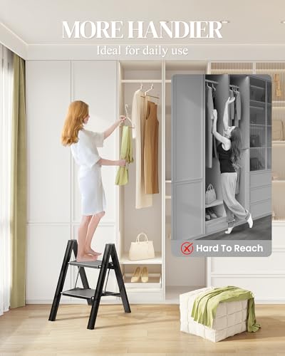 2 Step Ladder, Foldable Aluminum Step Stool with Anti-Slip Pedal - color: Black, size: 2 Step