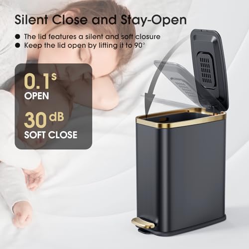 CEROELDA Small Bathroom Trash Can with Lid-5L/1.3 Gal-Soft Close Lid-Black - color: Black, size: 1.3 Gallon