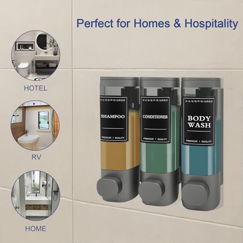 3-Chamber Wall Mount Shower Dispenser, No-Drill or Drill Install for Shampoo, Conditioner, Body Wash, Refillable Soap Dispenser for Home, RV & Hotel, Eco-Friendly & Compact (Gunmetal Gray) - color: Gunmetal Gray