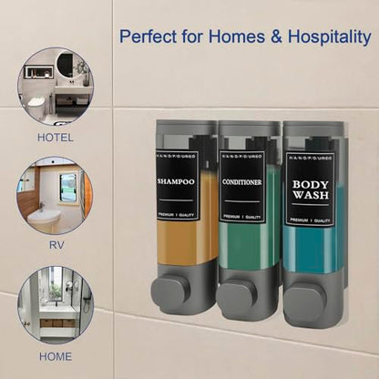 3-Chamber Wall Mount Shower Dispenser, No-Drill or Drill Install for Shampoo, Conditioner, Body Wash, Refillable Soap Dispenser for Home, RV & Hotel, Eco-Friendly & Compact (Gunmetal Gray) - color: Gunmetal Gray