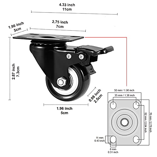 2" Caster Wheels Set of 4, Heavy Duty Casters with Brake - color: Black, size: 2 Inch