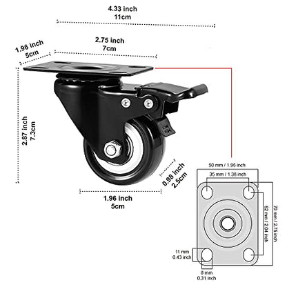 2" Caster Wheels Set of 4, Heavy Duty Casters with Brake - color: Black, size: 2 Inch