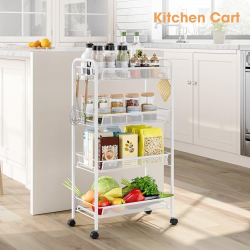 TOOLF 4 Tier Rolling Cart, Metal Utility Storage Cart with Wheels, White - color: White, size: 4-Tier
