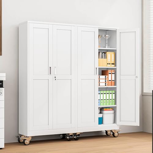 pozdeg 71" White Lockable Rolling Metal Garage Storage Cabinet - color: White, size: 14.96"D x 29.92"W x 71"H