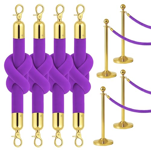 4PСS Station Set for Parties - Rich Purple Stations Rope for Hotel Lobby VIP Ropes for Posts with Gold Snap Hooks Velvet Ropes for Special Events and Stands Queue
