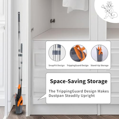 Broom and Dustpan Set for Home, 51" Long Handle Standing Pan Grey Orange - color: Orange and Grey