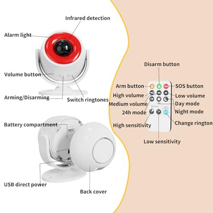 2 Pack Wireless Motion Detector Alarm for Indoor Use, PIR Motion Sensor with Sound Player for Pets, Dogs & Animal Deterrent, Intruder Alert & Remote Safety System, Noise Maker Sensor de Movimiento