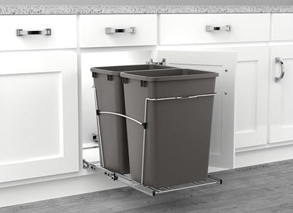 Rev-A-Shelf RV-18KD-13C-S Double Pullout Trash Can for Kitchen Cabinets 35 Quart Garbage Recycling Bin on Full Extension Slides, Gray - color: Dark Gray