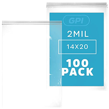 GPI - Extra-large Zip Bags, 14" x 20" Large Reclosable Lock Zip Bags, Clear Plastic Zipper Storage Bags with Zip Top Lock for Freezer, Apparel, Clothing, Food, Supplies - 100 Count - size: 14" x 20"