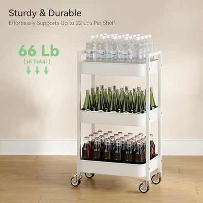 Nunsino 3 Tier Rolling Cart,Utility Cart with Locking Wheels, Hanging Cups,&Hooks, Heavy Duty Metal Storage Organizer Cart for Kitchen,Office, Bathroom,Craft Room,White - color: White