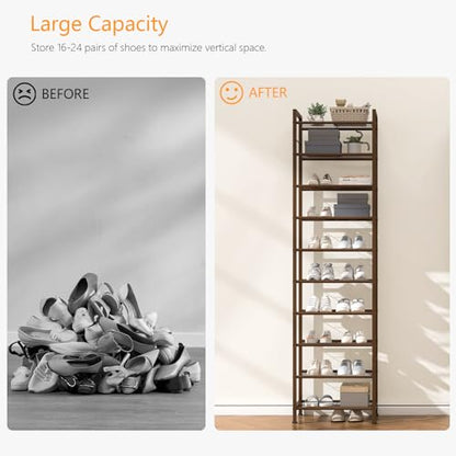usikey 10 Tiers Narrow Shoe Rack 20-30 Pairs, Sturdy Metal Tall Shoe Rack Shelf with 4 Hooks, Slim Shoe Storage with Metal Shelf, Space Saving Vertical Shoe Organizer for Closet Entryway, Bronze - color: 10 Tier ( 17.9 X 11 X 69.2 Inches)-bronze