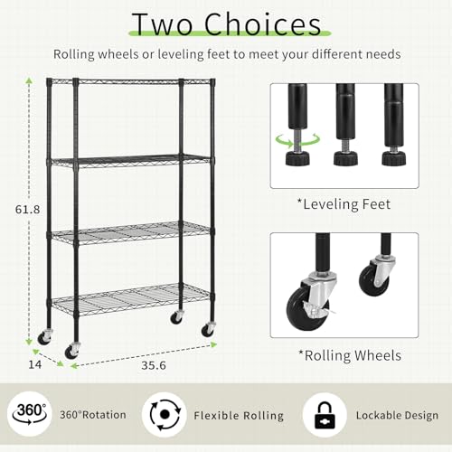 4 Tier Wire Shelving Unit with Wheels, 36 x 14 x 62 Heavy Duty - color: Black, size: 14"D x 35.6"W x 61.8"H