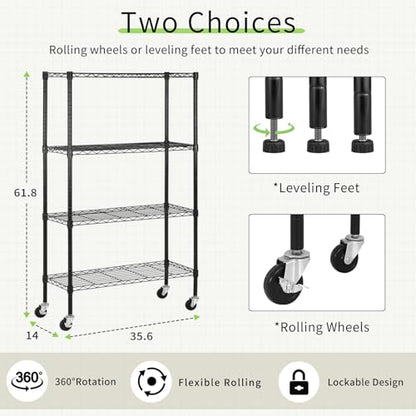 4 Tier Wire Shelving Unit with Wheels, 36 x 14 x 62 Heavy Duty - color: Black, size: 14"D x 35.6"W x 61.8"H