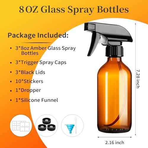 Vitreaux Amber Glass Spray Bottles 8oz,3 Pack Brown Glass Spray Bottles