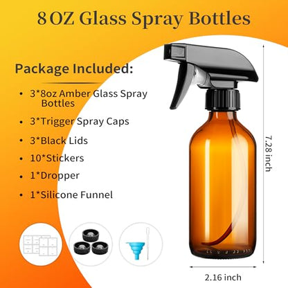 Vitreaux Amber Glass Spray Bottles 8oz,3 Pack Brown Glass Spray Bottles