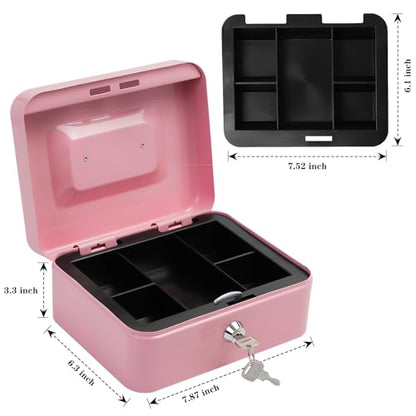 Steel Cash Box with Key Lock, Metal Small Money Organizer with Money Tray,Cash Storage Box with Lockable Cover (Pink - 7.8" x 6.3" x 3.3") - color: Pink - 7.8" x 6.3" x 3.3"