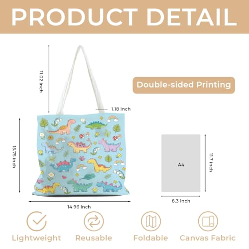 Cute Canvas Tote Bag for Women, Book Totebag with Zipper Pocket - color: Dinosaurs