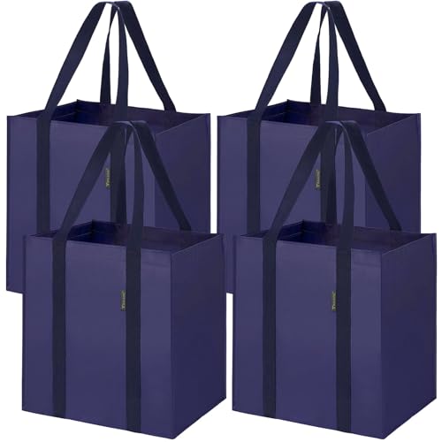 BALEINE 4 PK Grocery Bags Reusable Shopping Bags with Reinforced Bottom, Heavy Duty Foldable Tote Bags (Navy Blue) - color: Navy Blue, size: 4 PK