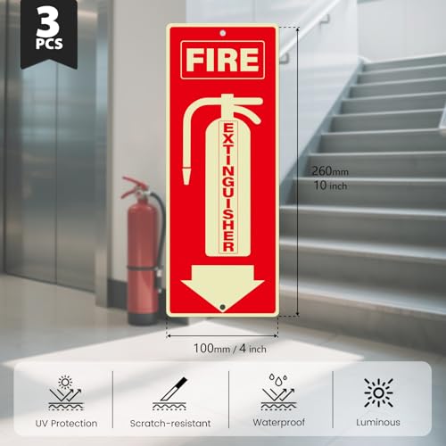 3 Pack Fire Extinguisher Sign 4 × 10 Inch Glow-in-the-Dark Aluminum - style: 3 Pack