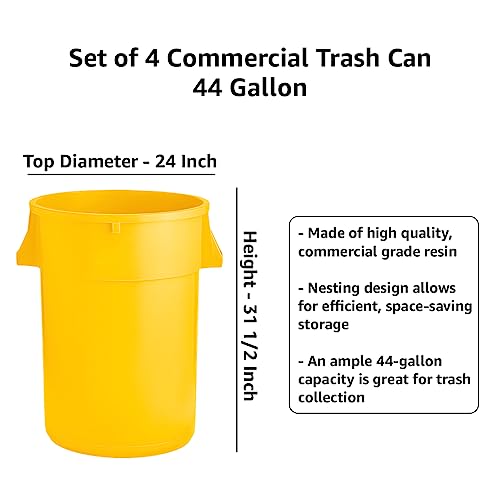Set of 4 Round Commercial Trash Can 44 Gallon, Industrial Recycling Bin, Durable Garbage Can, Safe Food Container, Ingredient Bin (Yellow) - color: Yellow