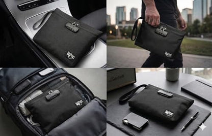 Secure Money Travel Bag with Zipper, Multiple Pockets and Combination Lock Close - color: Black