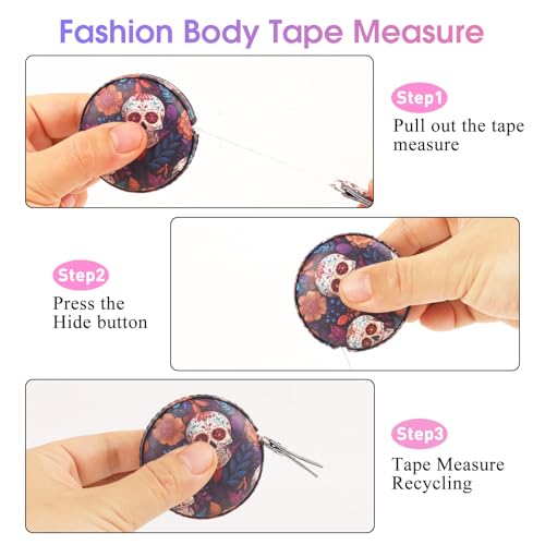 Retractable Mini Leather Tape Measure, Auto Retract Candy Skull - color: Candy Skull