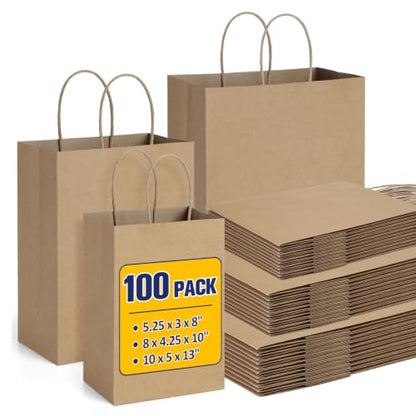 BagDream 100 Pack Kraft Paper Gift Bags with Handles Assorted Sizes Bulk