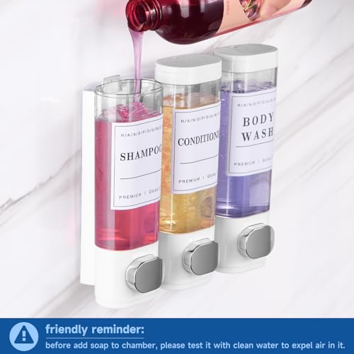 Shower Soap Dispenser Wall Mounted No Drill Shampoo Dispenser for Shower Wall Shampoo and Conditioner Dispenser Bathroom Hotel 3 * 350ml White with 3 Labels - color: White 3