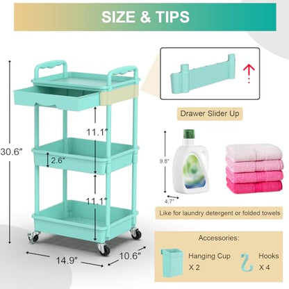 Goovilla 3 Tier Rolling Utility Cart Organizer with Removable Drawer, Blue - size: 3 Tier, style: Blue