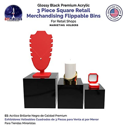 Acrylic Display Riser Boxes 3 Piece Black No Lid Retail Product Riser with Hollow Bottom 4", 5", 6" High Nesting Bins One Open Side Merchandise Storage Box by Marketing Holders - size: Set of 3 Black
