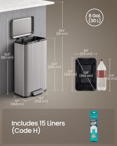 SONGMICS Trash Can, 8 Gallon (30 L), Stainless Steel, with Lid, Pedal - color: Metallic Silver, size: 8 Gallon