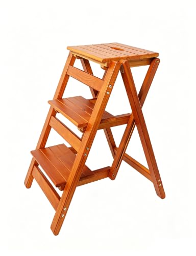3-Step Wooden Folding Step Stool – Solid Pine Frame, Non-Slip Steps, Anti-Scratch Base, 337lb Capacity – No Assembly Required, Space-Saving for Kitchen & Home – Walnut (Light Brown) - color: Light Brown