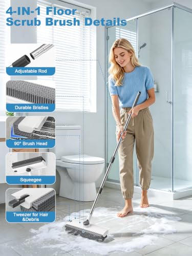 Floor Scrub Brush with Long Handle, 4 in 1 Shower Scrubber with Floor Squeegee and Heavy-Duty Stiff Bristle Push Broom for Cleaning Shower Bathroom Patio Pool Kitchen Wall Deck Tile Garage - color: White