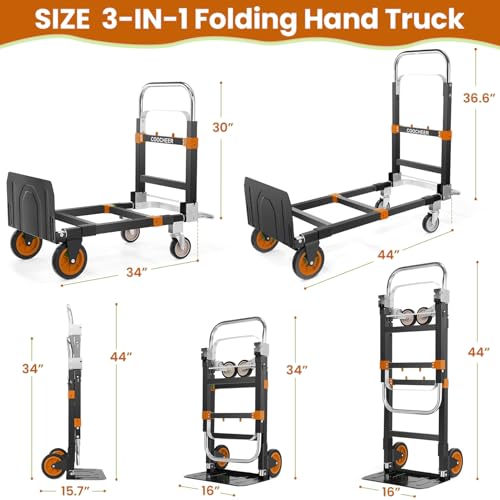 3-in-1 Folding Hand Truck,600lb Convertible 4 to 2 Wheel Dolly Cart Orange - color: Orange