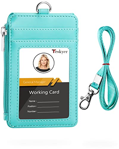 Teskyer Leather ID Badge Holder with Lanyard, Lanyard Wallet, Cyan - color: Cyan, size: 3.1" x 4.7"