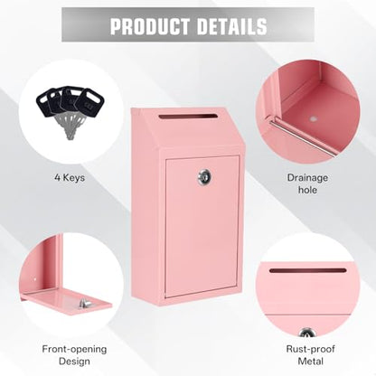 Sumerfnt Locking Cash Box with Slot, Metal Money Donation Box with Lock and 4 Keys Wall Mount, Cash Drop for Farm Stand, Self-Serve Stand, Tips, Fundraising, Pink - color: Pink