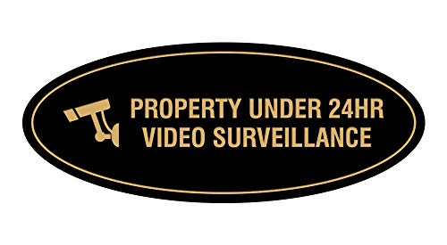 Oval PROPERTY UNDER 24HR VIDEO SURVEILLANCE Sign - Black/Gold - Small (1 Pack) - color: Black / Gold, size: 2" x 5" - Small (1 Pack)