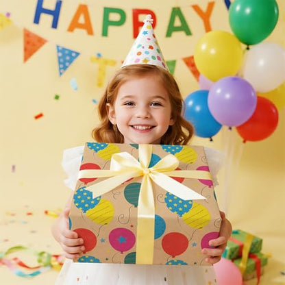 WRAPAHOLIC Kraft Wrapping Paper Roll - Striped Brown Kraft Paper for Birthday Gift Wrapping - 17in x 16in Each Roll, Total 23 Sq. Ft. - Birthday Balloon - color: Birthday Balloon, size: 1 Roll (Pack of 1)