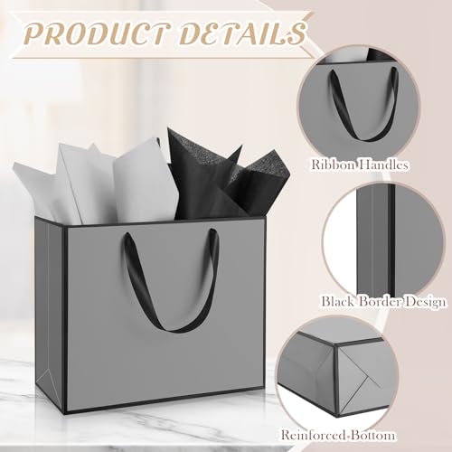 ReliThick 12 Pack Paper Gift Bag with Handles & Tissue, Gray, Black - color: Grey, Black