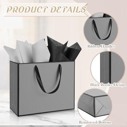 ReliThick 12 Pack Paper Gift Bag with Handles & Tissue, Gray, Black - color: Grey, Black