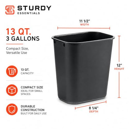 3.5 Gallon Black Wastebasket Under Desk Plastic Trash Can | 2 PACK - size: 3.5 Gallon