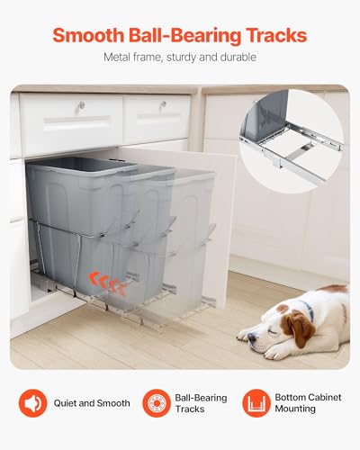 VEVOR Pullout Trash Can for Kitchen Cabinets, 35 QT Garbage Waste Recycling Bin, Under Mount Waste Container, with Heavy Duty Metal Full Extension Sliding System and Handle, for Sink, Under Counter - size: 35 QT, style: No Soft-Close Slide
