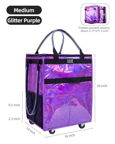 Reusable Grocery Bag with Wheels, Medium Glitter Purple Rolling Tote - color: Glitter Purple, size: Medium