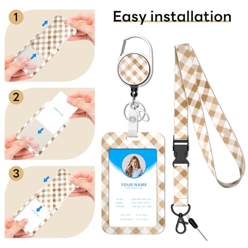 Retractable Badge Holder with Detachable Lanyard, White Lattice - color: White Brown Lattice