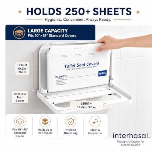 Commercial Toilet Seat Cover Dispenser Wall Mounted No Drilling Toilet Tissue Cover Holder with Key Lock & Keyless Access, High Impact ABS Plastic for Public Restrooms (White)